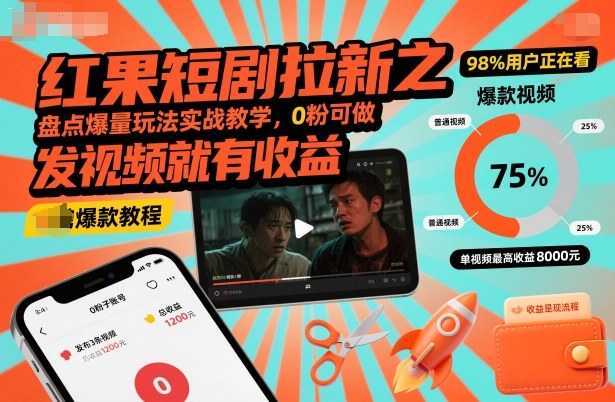 红果短剧拉新之盘点爆量玩法实战教学，0粉可做，发视频就有收益-聊项目