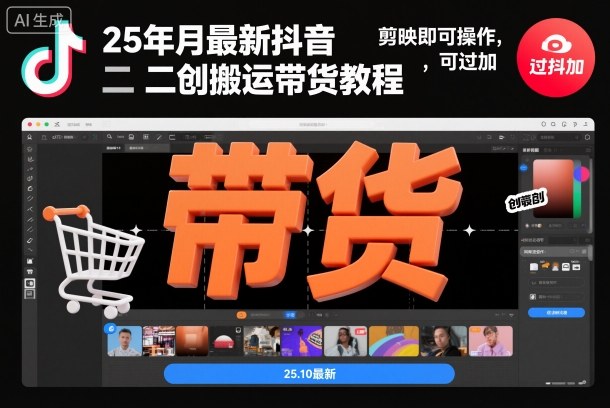 25年10月最新抖音二创搬运带货教程，剪映即可操作，可过抖加-聊项目