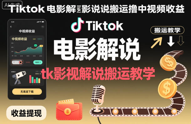 Tiktok电影解说搬运撸中视频收益，tk影视解说搬运教学-聊项目