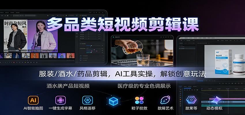 多品类短视频剪辑课：服装/酒水/药品剪辑，AI工具实操，解锁创意玩法-聊项目