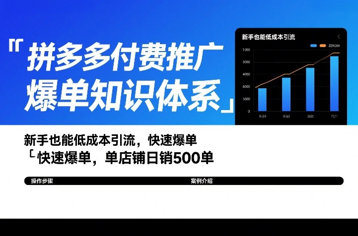 拼多多付费推广爆单知识体系，新手也能低成本引流，快速爆单，单店铺日销500单-聊项目
