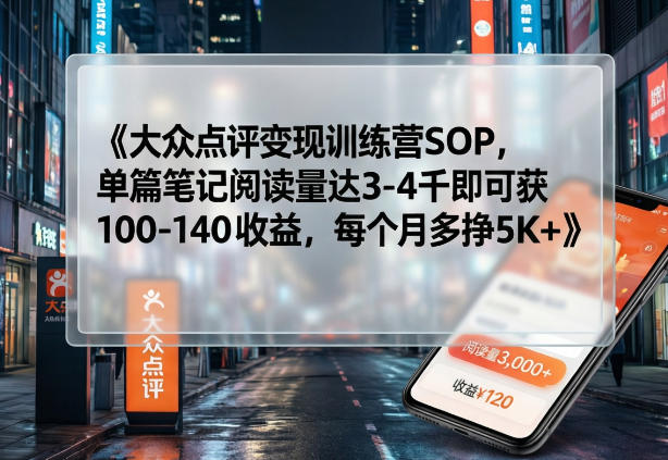 大众点评变现训练营SOP，单篇笔记阅读量达3-4千即可获100-140收益，每个月多挣5K+-聊项目