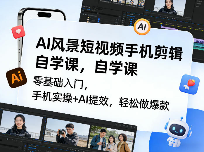 AI风景短视频手机剪辑自学课，零基础入门，手机实操+AI提效，轻松做爆款-聊项目