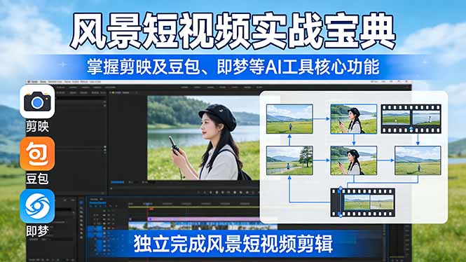 风景短视频实战宝典：掌握剪映及豆包、即梦等AI工具的核心功能，独立完成风景短视频剪辑-聊项目