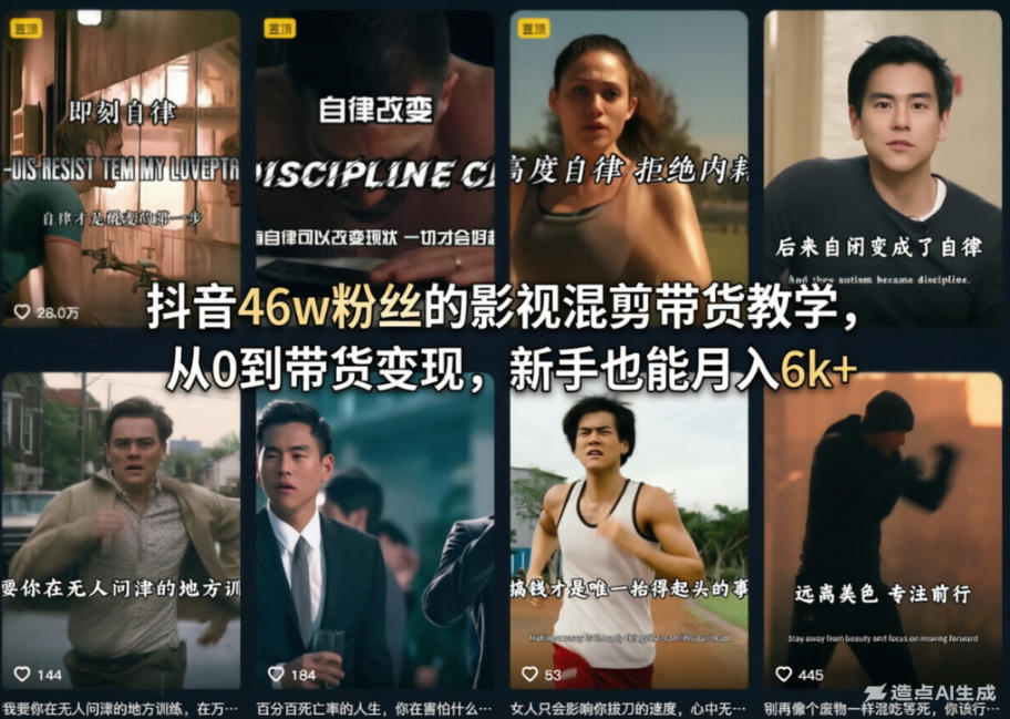 抖音46w粉丝的影视混剪带货教学，从0到带货变现，新手也能月入6k+-聊项目