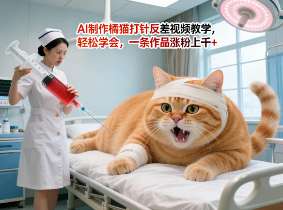 AI制作橘猫打针反差视频教学，轻松学会，一条作品涨粉上千+-聊项目