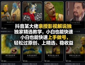 抖音某大佬亲授影视解说独家精选教学，小白也能快速上手做号，轻松过原创、上精选、稳收益-聊项目