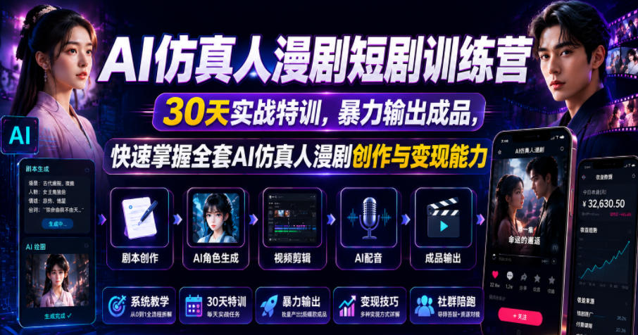 AI仿真人漫剧短剧训练营，30天实战特训，暴力输出成品，快速掌握全套AI仿真人漫剧创作与变现能力-聊项目