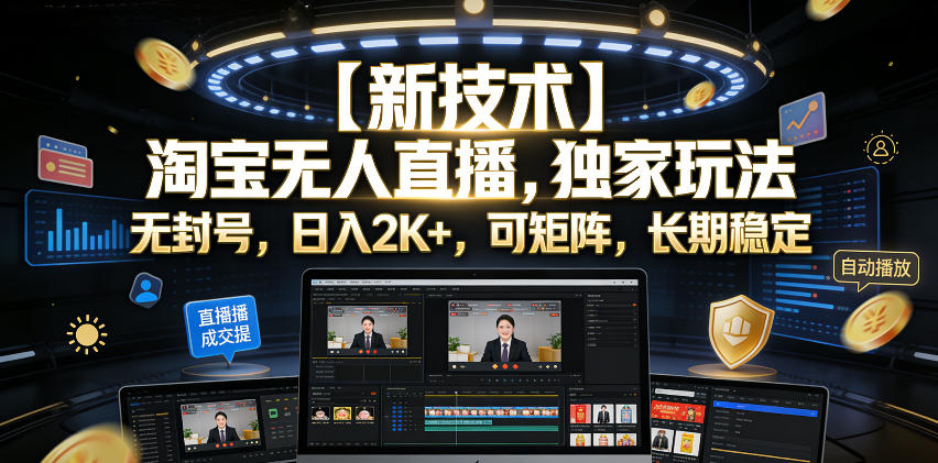 【新技术】淘宝无人直播，独家玩法，无封号，日入2K+，可矩阵，长期稳定【揭秘】-聊项目