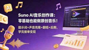 Suno AI音乐创作课：零基础也能做原创音乐！提示词+声音克隆+翻唱+后期，学完接单变现-聊项目