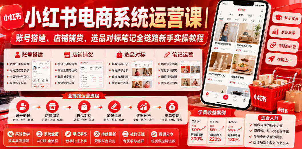 小红书电商系统运营课｜账号搭建、店铺铺货、选品对标笔记全链路新手实操教程-聊项目