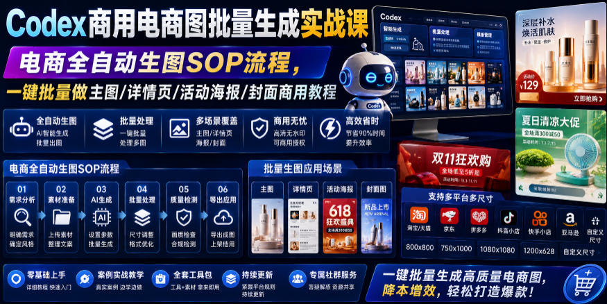 Codex商用电商图批量生成实战课｜电商全自动生图SOP流程，一键批量做主图/详情页/活动海报/封面商用教程-聊项目