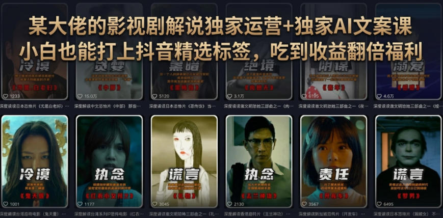 某大佬的影视剧解说独家运营+独家AI文案课，小白0粉丝也能快速打上抖音精选标签、吃到收益翻倍福利-聊项目