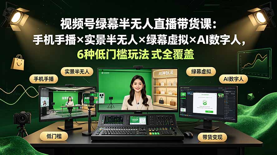 视频号绿幕半无人直播带货课：手机手播×实景半无人×绿幕虚拟×AI数字人，6种低门槛玩法全覆盖-聊项目