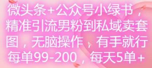 微头条+公众号小绿书，精准引流男粉到私域卖套图，无脑操作，有手就行，每单99-200，每天5单-聊项目