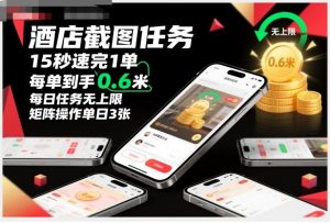 酒店截图任务，15秒速完1单，每单到手0.6米，每日任务无上限，全网首发玩法，矩阵操作单日3张【揭秘】-聊项目