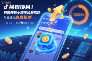捡钱项目!抖音賺钱小程序拉新活动,抖音端内宣发拉新,一单3米,有人半个月搞了1W+-聊项目