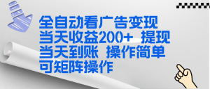 全新看广告挂机项目 操作简单，单机当天收益300+，体现当天到账，可矩阵操作-聊项目
